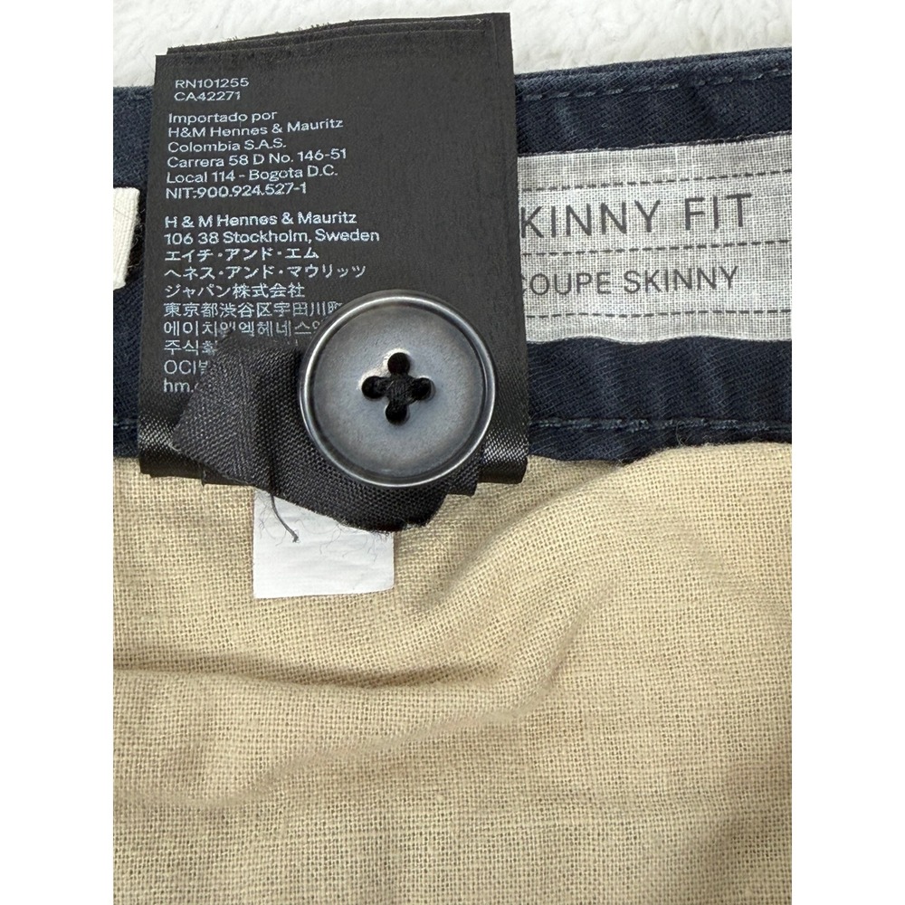 H&M L.O.G.G. Chino Pants Mens 30 Navy Blue Skinny Fit Stretch‎ Cotton Trousers - Picture 6 of 9